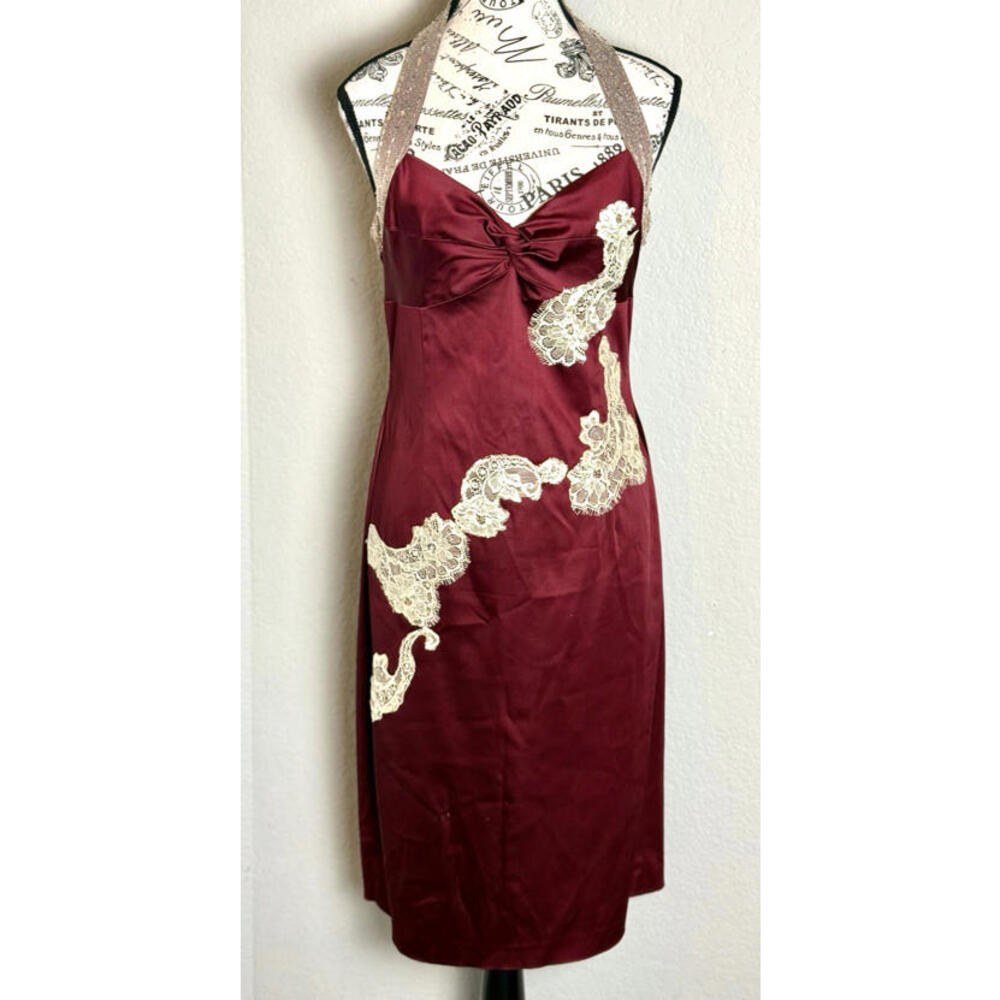 Adrianna Papell Boutique Evening Halter-top Burgundy dress Lace Holiday Party 8